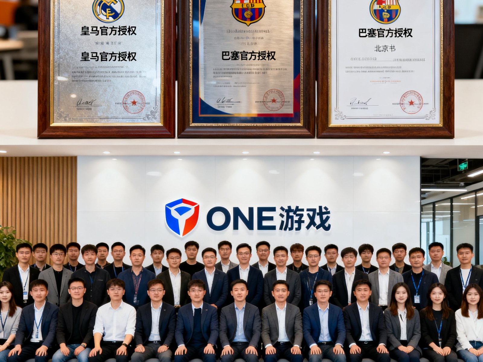 ONE游戏核心团队在北京总部办公室前的集体合影，约120人整齐排列，背景是公司品牌墙和皇马巴塞的官方授权证书展示框，展现团队专业形象。