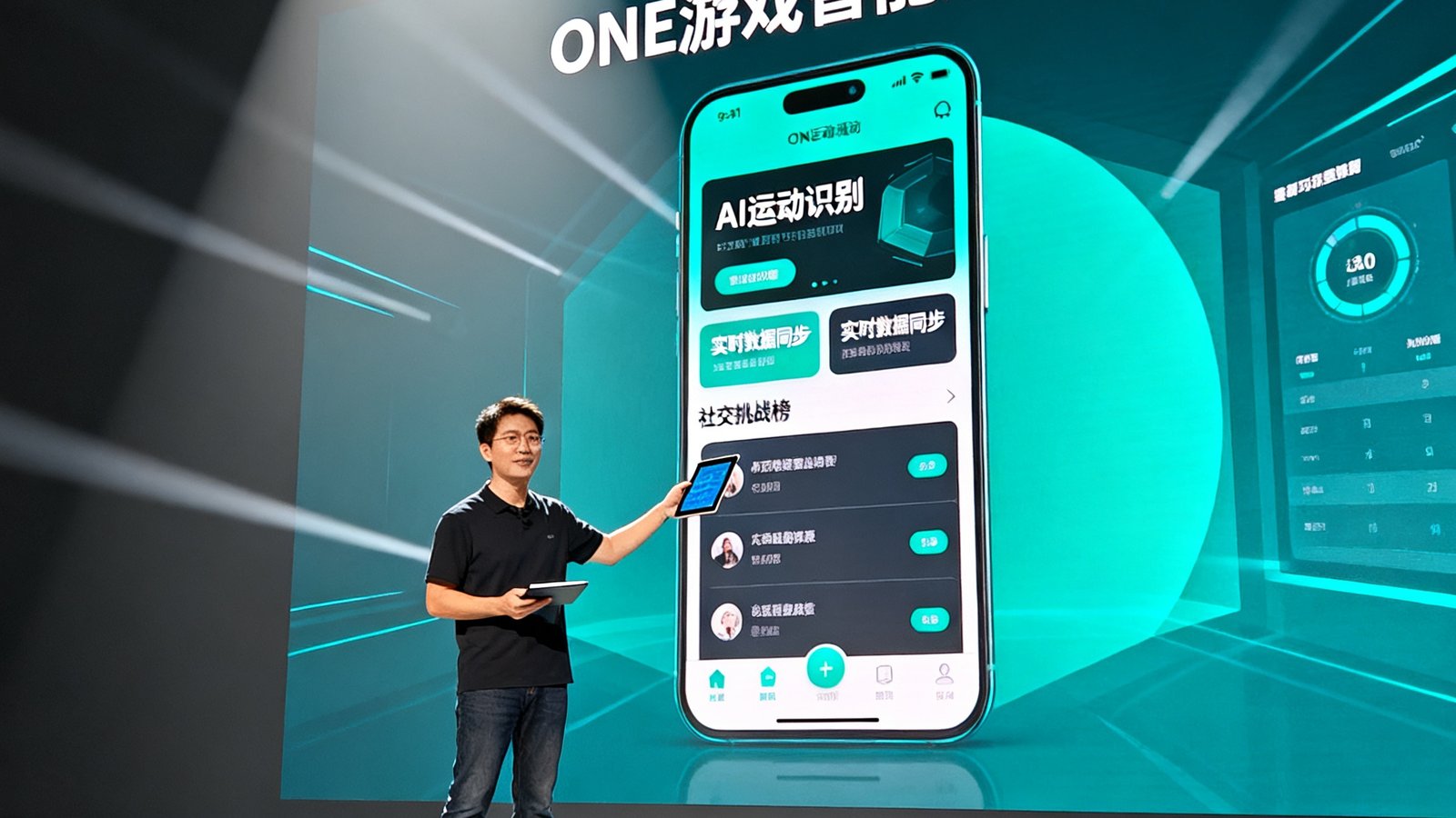 ONE游戏智能运动小程序3.0版本发布会现场，产品经理正在演示新功能界面。